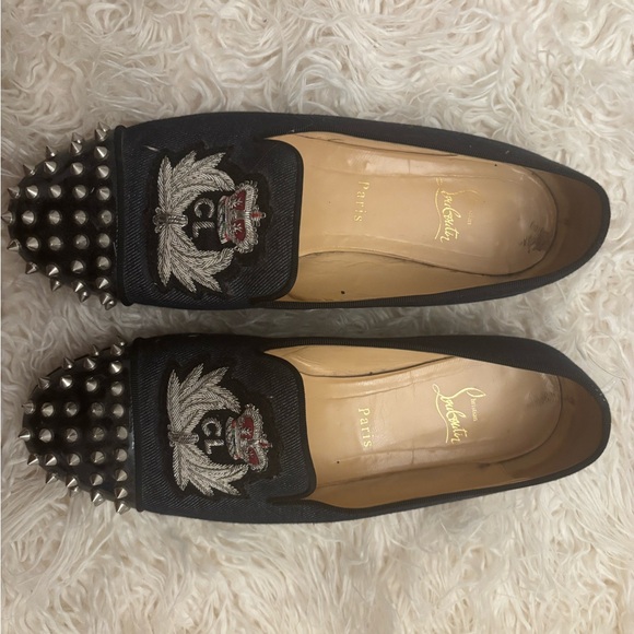 Christian Louboutin Shoes - Christian Louboutin Black Embroidered Flats with Silver Spikes
